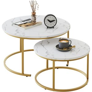 White Marble Nesting Coffee Table Set (2pc), Golden Steel Frame